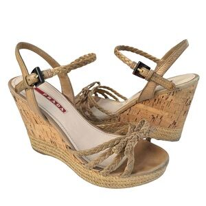PRADA Beige Woven Leather Bow Detail Strappy Cork Wedge Platform Sandals Women’s